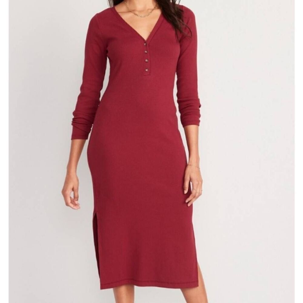 Old Navy Dress Women's XS Red Cotton Ribbed Henley Midi Long Sleeve
